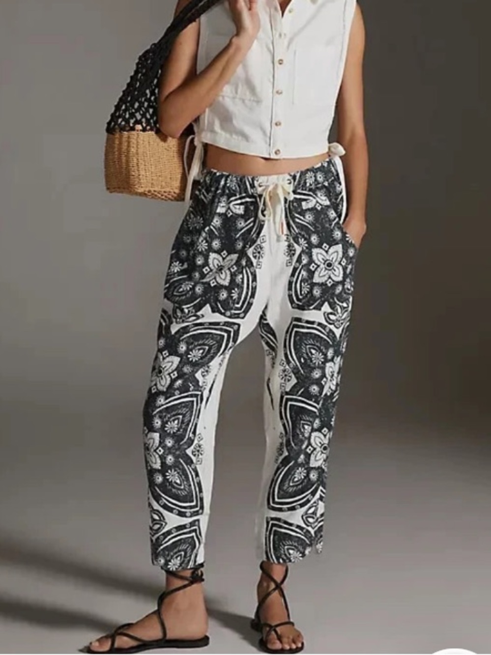 Pilcro Anthropologie Linen Surf Pants Drawstring Black Cream size medium